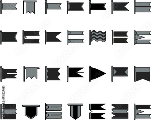 Assortment of flat design flags in black and grey tones on a white background banner pennant