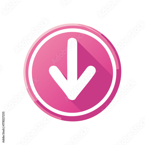 Pink circle arrow icon with long shadow, downward symbol, digital design element
