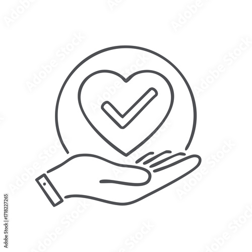 Hand holding heart with check mark inside, outline thin stroke, healthcare approval