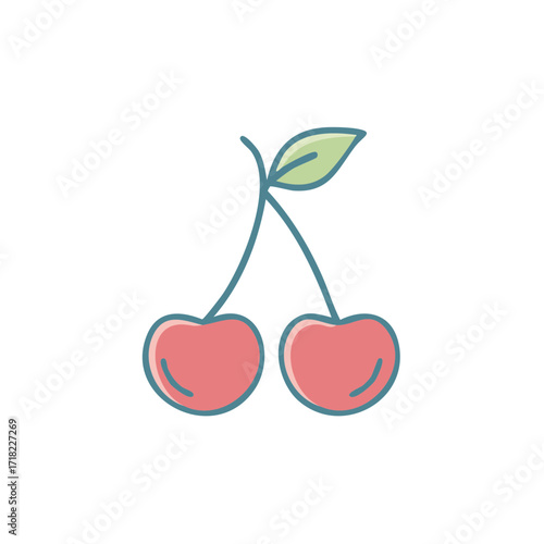 Pair of fresh red cherries connected by a stem with green leaf minimalist flat vector icon for food design and healthy eating concept