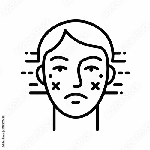 Frustrated person with skin blemishes and a worried expression, iconographic representation of acne or skin concerns.