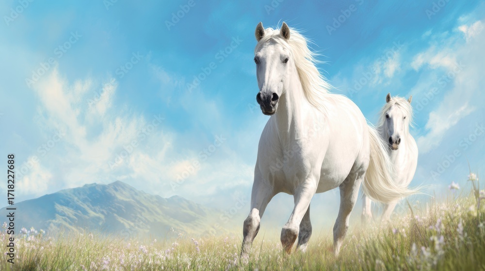 Obraz premium Two majestic white horses galloping through a vibrant meadow under a clear blue sky, showcasing nature's beauty