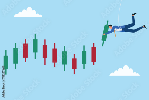 Vector illustration of a businessman hanging on a rope while placing a candlestick bar on a chart, symbolizing careful trading, market strategy, and investment planning
