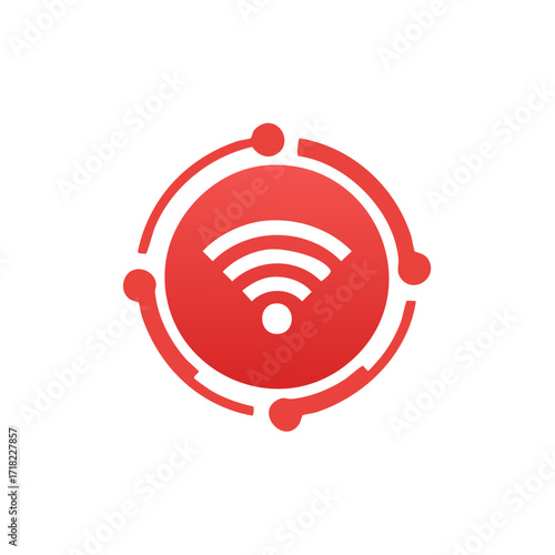 Wireless network icon in red with a connection concept. Circle and dot element. Digital technology.