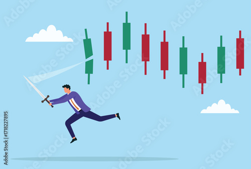 Vector illustration of a businessman cutting a candlestick bar with a sword, representing bold trading moves, market strategy, investment decisions, and stock market control
