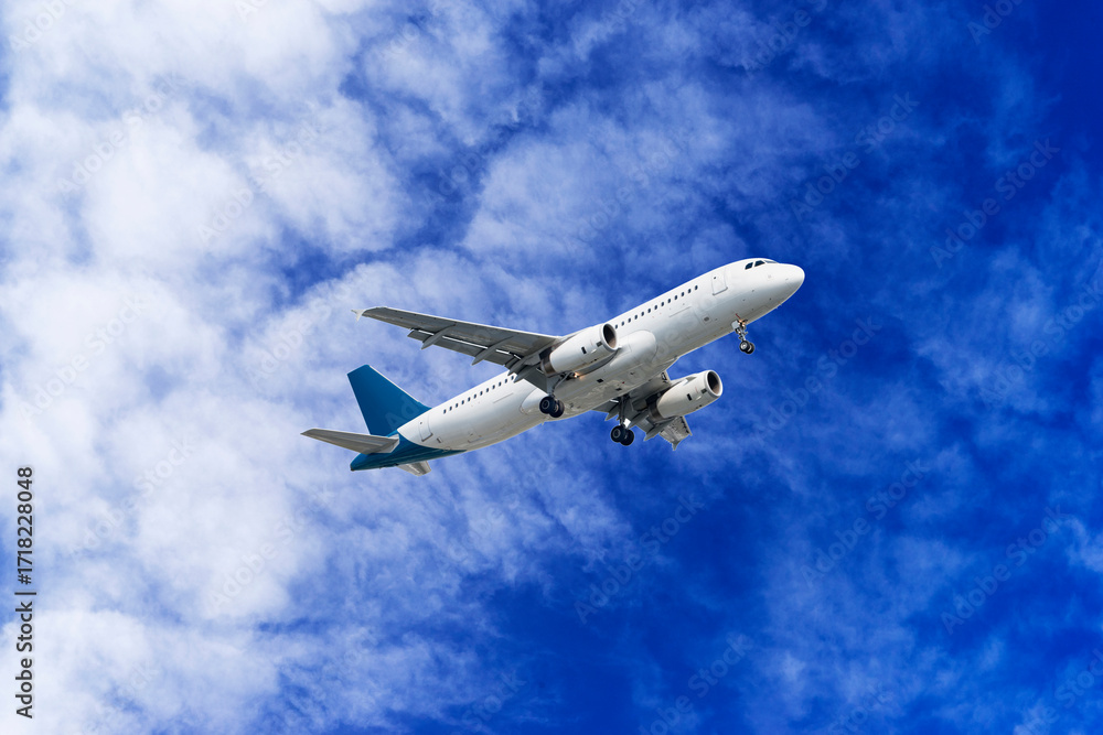 Fototapeta premium A passenger plane is flying in a beautiful blue sky with white clouds