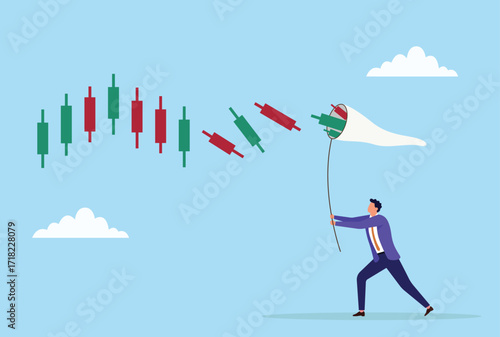 Vector illustration of a businessman catching falling candlestick bars with a net, symbolizing stock market opportunities, trading strategy, and financial risk management
