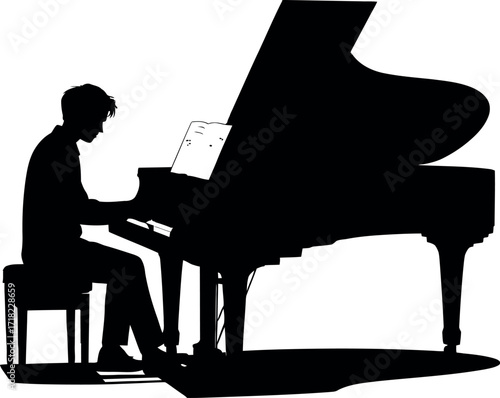 Black silhouette of person playing grand piano vector