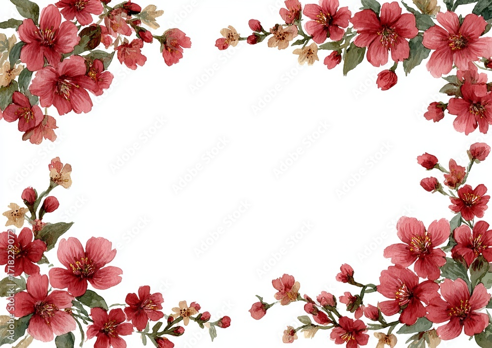 Fototapeta premium Watercolor Red Cherry Blossoms Border on White Background