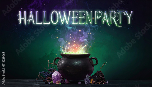 Mystical Witch's Cauldron Halloween Party Poster with Glowing Magic and Empty Text Space
