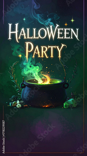 Mystical Witch's Cauldron Halloween Party Poster with Glowing Magic and Empty Text Space