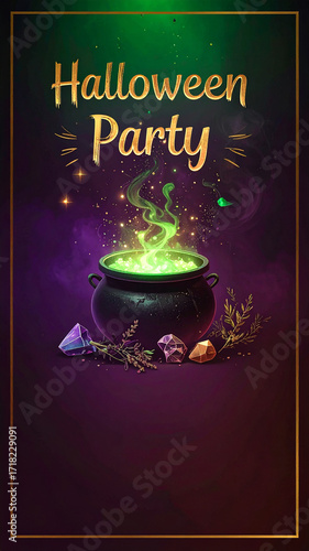 Mystical Witch's Cauldron Halloween Party Poster with Glowing Magic and Empty Text Space