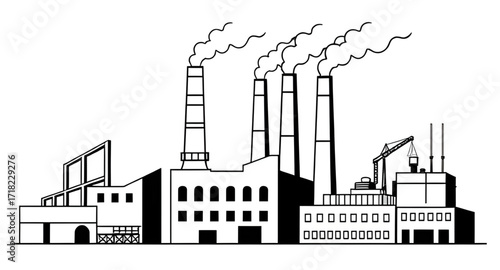 factory illustration, industrial plant sketch, vector of factory, black and white factory, industrial area vector, manufacturing facility illustration, production building drawing, industrial icon set
