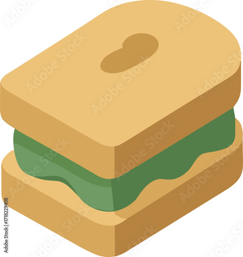 cartoon-style sandwich with thick tan bread slices, a green filling layer, and simple, flat shading in a playful isometric design.