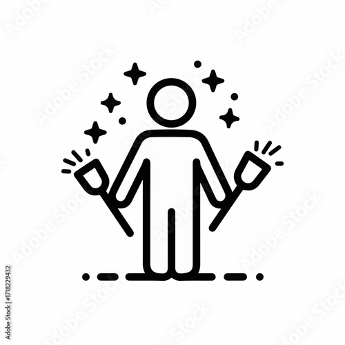 Person sparkling with energy and holding cleaning tools, representing cleanliness and efficiency.