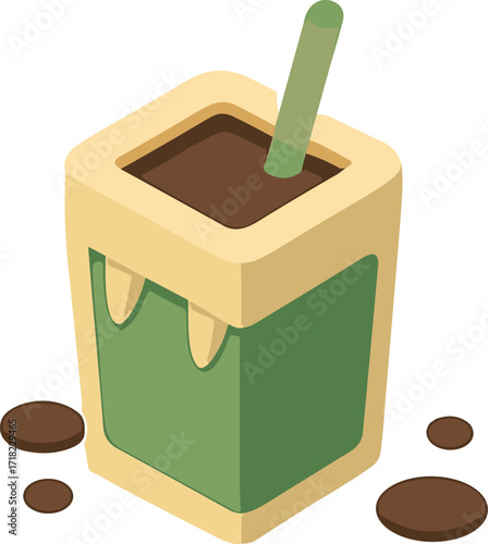 a Halloween-themed green juice box with vampire fangs, filled with brown liquid, and a green straw sticking out.