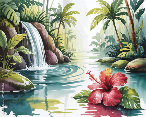 Tropical Paradise Waterfall, Hibiscus, and Lush Greenery