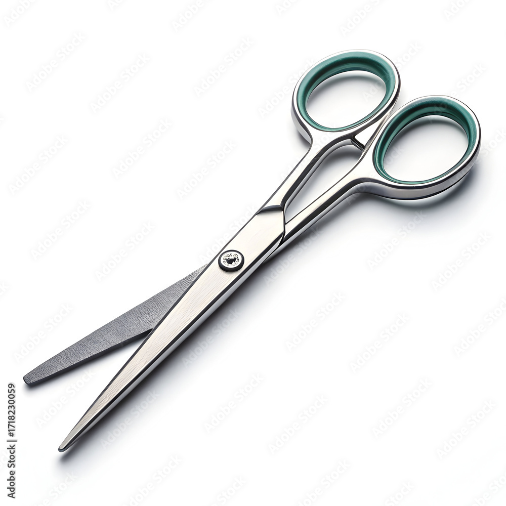 Obraz premium A pair of office scissors displayed on a white background, designed for cutting paper and light materials in