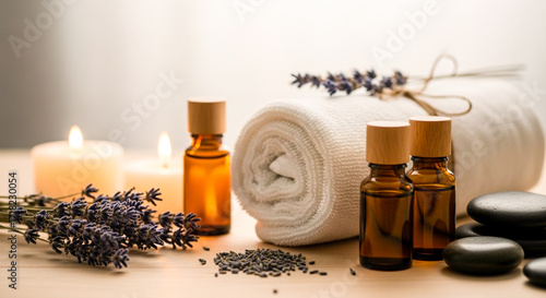 spa still life with essential oil and lavender