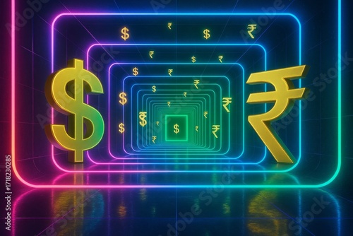 Golden dollar and rupee symbols glowing in a neon light tunnel currency
