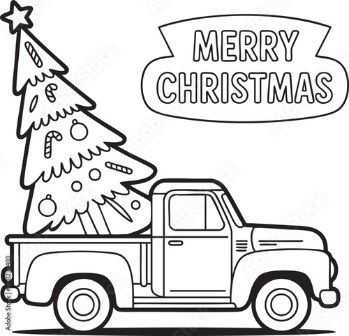 A black and white line drawing of a vintage truck carrying a christmas tree with merry christmas text