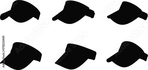 Black baseball cap silhouettes set, various hat styles for fashion and sports design, vector illustration