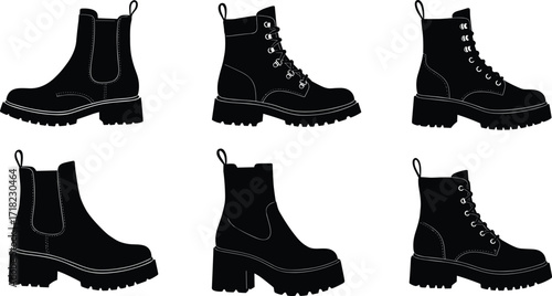 Black boot silhouettes set, various footwear styles for fashion and retail design, vector illustration