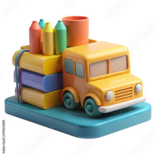Yellow bus and colorful books with crayons isolated on a transparent background image