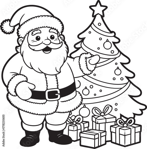 Santa claus standing next to a christmas tree with gifts in a black and white coloring book style
