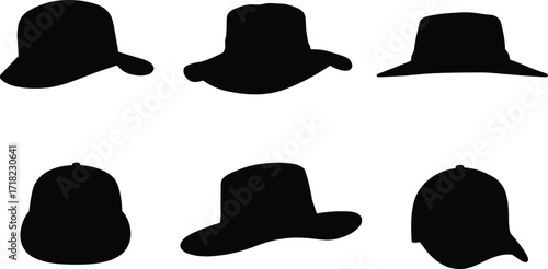 Black hat silhouettes set, various brim and crown styles for fashion and apparel design, vector illustration