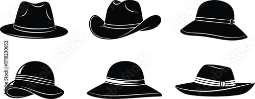 Black hat silhouettes set, various brim and crown styles for fashion and costume design, vector illustration