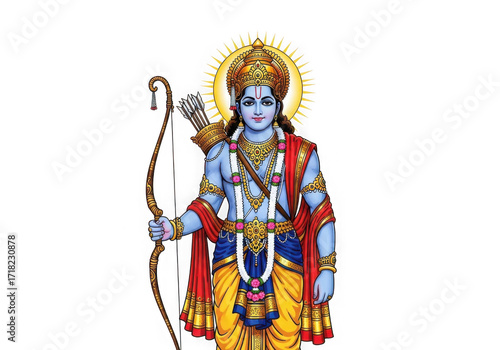 Vibrant lord rama holding bow and arrow in traditional attire radiant aura isolated on transparent background