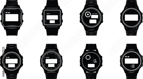 Black wristwatch silhouettes set, various watch styles for fashion, luxury, and product design, vector illustration