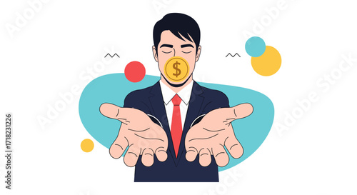 Man with coin in mouth and open hands.