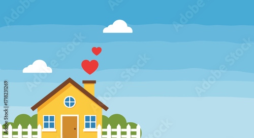 Charming Yellow House with Heart Smoke and White Picket Fence.