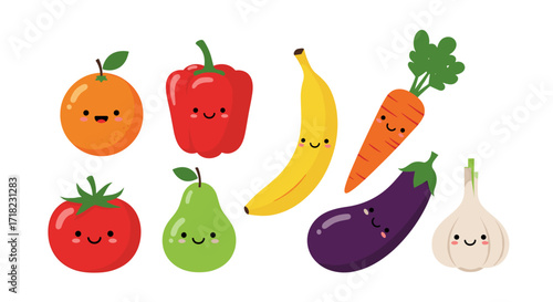 Cute Kawaii Fruits and Vegetables Characters Collection.