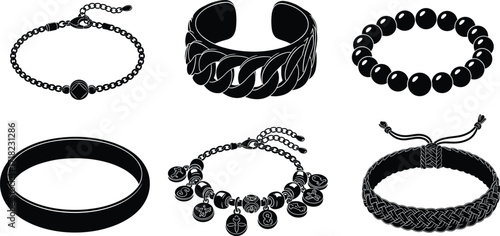 Bracelet silhouettes collection, fashion jewelry bangles cuffs chains beads charms, elegant accessories design set, vector illustration