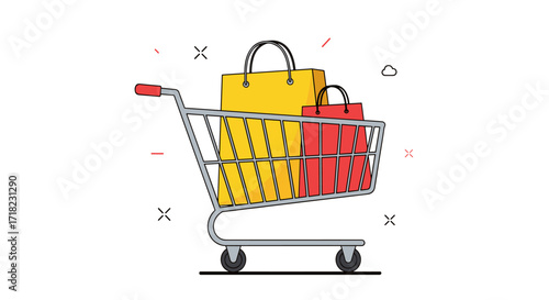 Shopping Cart Filled with Colorful Shopping Bags.