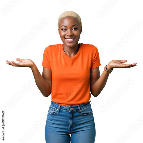 Smiling woman with blonde hair wearing orange shirt and jeans shrugging shoulders isolated on transparent background