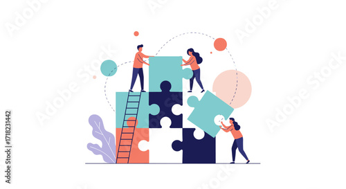Teamwork and collaboration building a complex puzzle together.