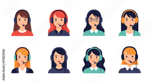 Diverse group of female customer service representatives wearing headsets.