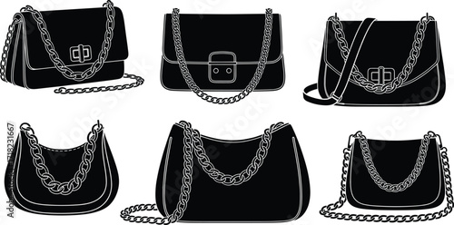 Chain strap handbags and purses, crossbody, clutch, shoulder bag fashion accessories, vector illustration set