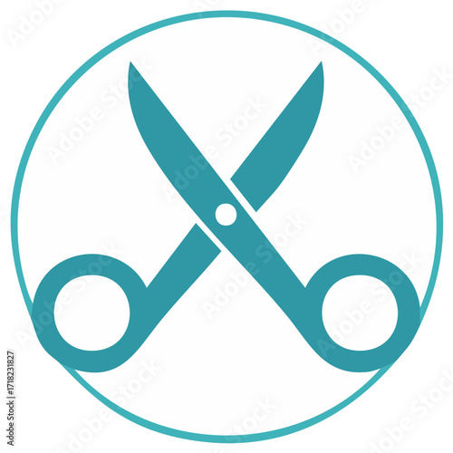 Teal scissors icon with a circular frame representing cutting and craft