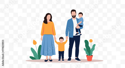 Happy Family with Two Children Posing Together Outdoors.