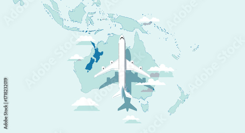 Airplane flying over a world map highlighting New Zealand.
