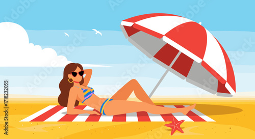 Woman relaxing on beach under umbrella enjoying summer vacation.