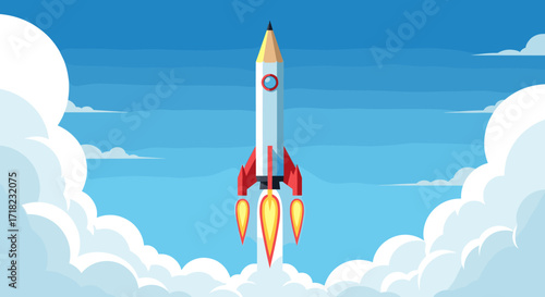 Rocket Launching into the Sky with Clouds.