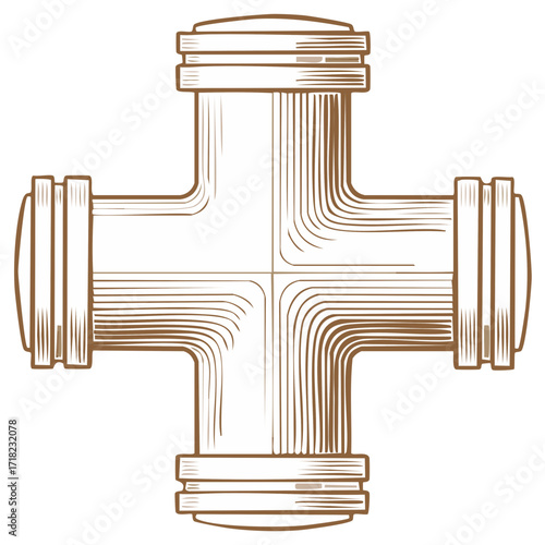Vintage Style Illustration of a Cross Shaped Plumbing Connector for Water Pipes Or Industrial Pipelines