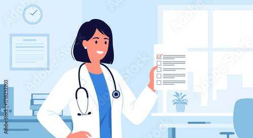 Doctor holding a checklist in a medical office.