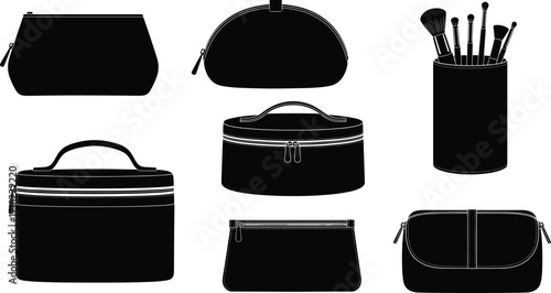 Cosmetic bag silhouette bundle, makeup pouch and beauty organizer vector set